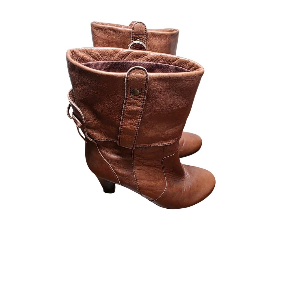 Dolce Vita Brown Leather Mid-Calf Heeled Boots‎ Decorative Back Tie Size 8.5